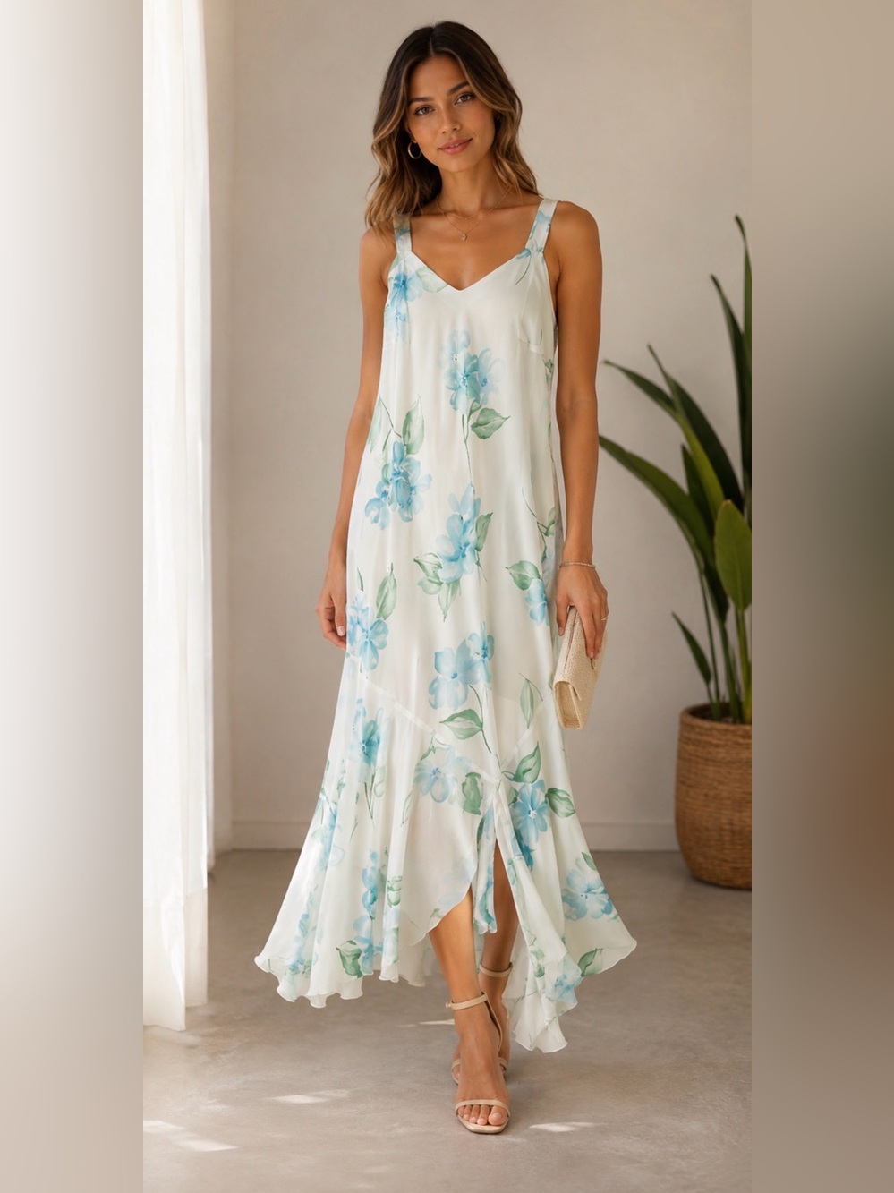 • Vintage Y2K R&M Richards Watercolor Floral
Asymmetrical Midi Slip Dress